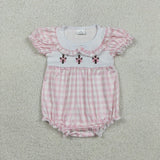 Matching girls Easter crossing pink blue checkered clothing embroidery