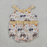 Matching girls farm yellow checkered clothing