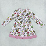GLD1656 baby girls Christmas cartoon long sleeve pink bow scalloped dress