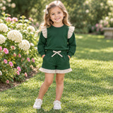 GLS0218 girls solid green ruffle long sleeve shorts outfits