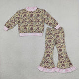 Matching Baby girls camo long sleeve ruffle bell pant mock neck outfits