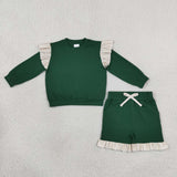 GLS0218 girls solid green ruffle long sleeve shorts outfits