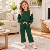 GLP3698 baby girls solid green ruffle long sleeves pant outfits cotton