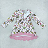 GLD1656 baby girls Christmas cartoon long sleeve pink bow scalloped dress