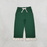GLP3698 baby girls solid green ruffle long sleeves pant outfits cotton