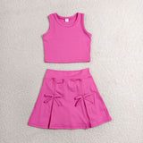 GSD3758 baby girls solid rose sleevelee skirt Outfits yoga