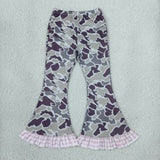 GLP3736 Baby girls plaid pink mock neck camo ruffle bell-pants outfits