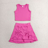 GSD3758 baby girls solid rose sleevelee skirt Outfits yoga