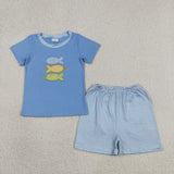 Matching  Baby boys girls  fish blue purple romper outfits embroidery