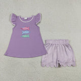 Matching  Baby boys girls  fish blue purple romper outfits embroidery