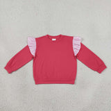 GLP3701 baby girls solid rose ruffle long sleeves pant outfits