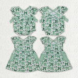 Matching Baby girls green bow romper dress long sleeves
