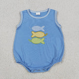 Matching  Baby boys girls  fish blue purple romper outfits embroidery