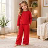 GLP2964 baby girls solid red scalloped long sleeve pant outfits cotton