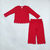 GLP2964 baby girls solid red scalloped long sleeve pant outfits cotton
