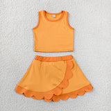 GSD4081 baby girls solid orange sleeveless scalloped skirt Outfits yoga