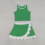 GSD4025 baby girls green white sleeveless scalloped skirt Outfits yoga