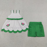 GSSO3164 girls watermrlon pink stripe sleeveless scalloped green shorts outfits embroidery