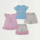 Matching  Baby boys girls Easter bunny blue pink checkered outfits embroidery