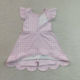 GSD3796 girls pink checkered flying sleeve scalloped dress yoga