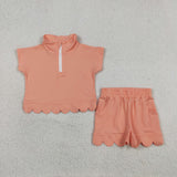 GSSO3374 girls solid orange zipper scalloped shorts outfits
