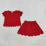 GSD3938 Girls solid red puff sleeve scalloped skirt outfits cotton