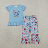 Matching Baby girls chicken blue flower dress outfits embroidery