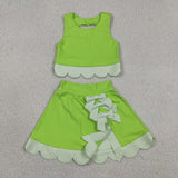 GSD3322 baby girls solid green sleeveless checkered bow skirt Outfits yoga