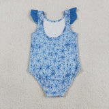 S0515 Baby girls blue flower flying sleeve swimsuit