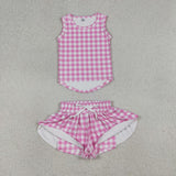 GSSO3478 girls rose checkered sleeveless shorts outfits yoga