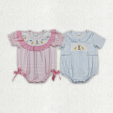Matching Easter girls bunny chicken pink blue checkered romper