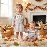Matching Baby girls Thanksgiving turkey plaid long sleeve clothing embroidery