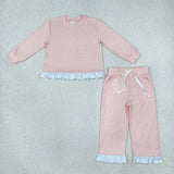 GLP3754 baby girls solid pink long sleeves ruffle pant outfits cotton