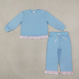 Matching  girls solid long sleeve ruffle clothing cotton