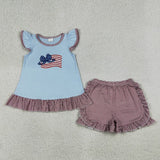 Matching Baby girls boys July Fourth short sleeve stripe shorts outfits embroidery