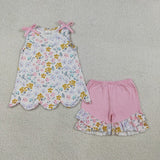 Matching Baby girls sleeveless flower short sleeve scalloped shorts outfits
