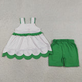 GSSO3164 girls watermrlon pink stripe sleeveless scalloped green shorts outfits embroidery