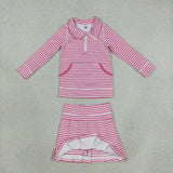 GLD1699 Girls pink stripe long sleeve zipper skirt Outfits yoga