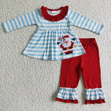 Matching Baby girls boys Christmas Santa blue stripe romper outfits long sleeves embroidery