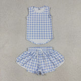 GSSO3479 girls blue checkered sleeveless shorts outfits yoga