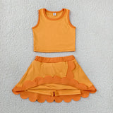 GSD4081 baby girls solid orange sleeveless scalloped skirt Outfits yoga