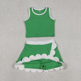 GSD4025 baby girls green white sleeveless scalloped skirt Outfits yoga