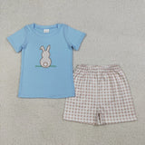 Matching  Baby boys girls Easter bunny blue pink checkered outfits embroidery