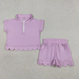 GSSO3378 girls solid purple zipper scalloped shorts outfits