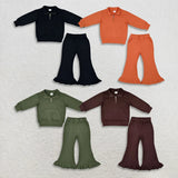 Matching Baby girls fall winter zipper long sleeve ruffle outfits sweatshirt material