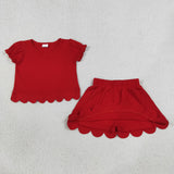 GSD3938 Girls solid red puff sleeve scalloped skirt outfits cotton