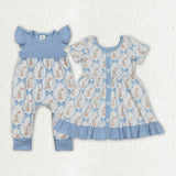 Matching Baby girls Easter bunny clothing blue dress romper