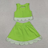 GSD3322 baby girls solid green sleeveless checkered bow skirt Outfits yoga