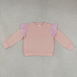 GLP3702 baby girls solid pink ruffle long sleeves pant outfits cotton