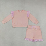 Matching Baby girls solid long sleeve ruffle outfits cotton